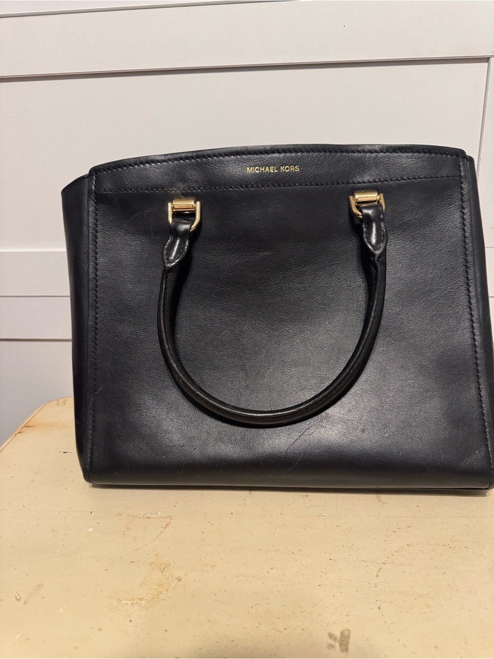 Michael Kors Black Large Benning Leather Satchel with Gold Logo